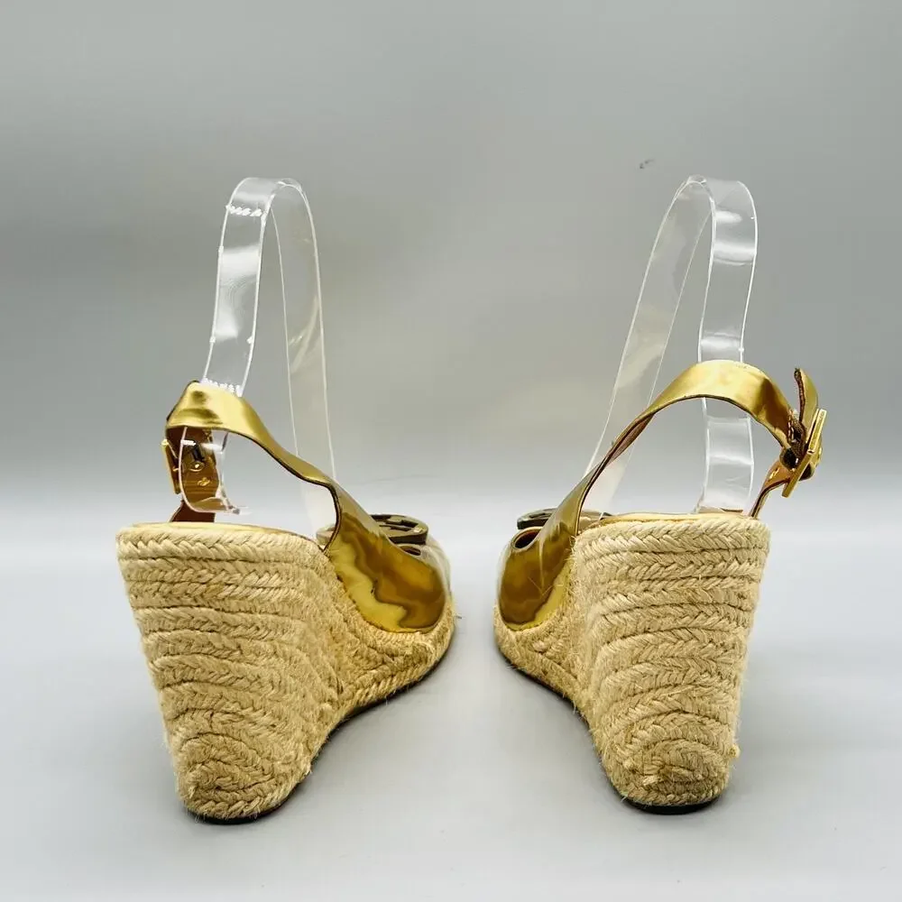 Tory Burch Shoes Womens 7 Gold Leather Slingback Espadrille Wedge Heels Logo